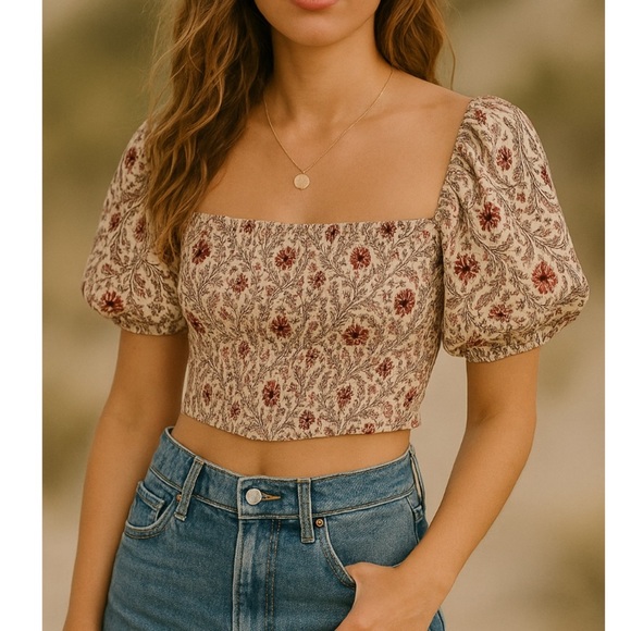 Windsor Cropped Corset Floral Puffed Short Sleeve Top Size Small - Picture 1 of 14